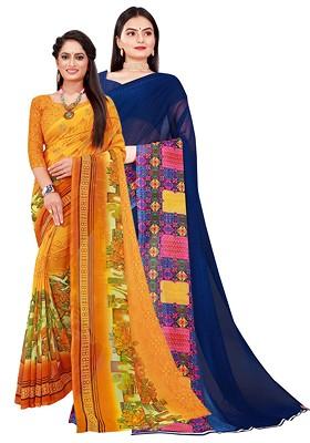 Yellow Embroidered Georgette Saree Set (Set Of 2)