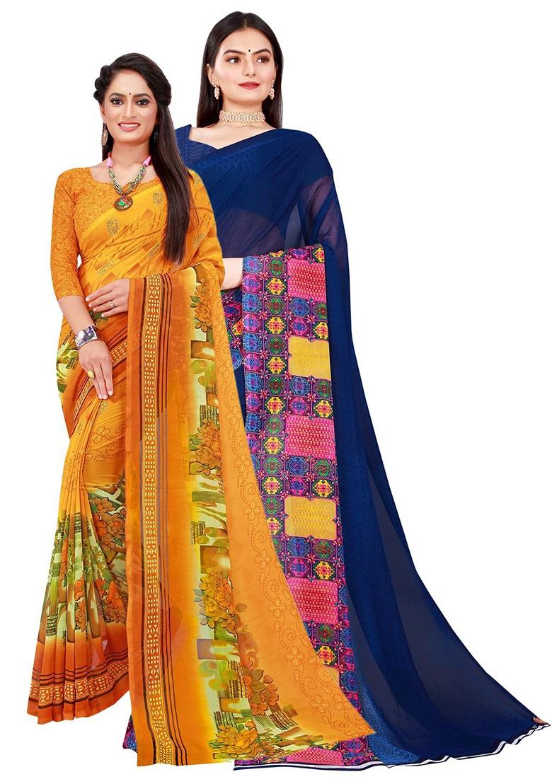 Yellow Embroidered Georgette Saree Set (Set Of 2)