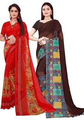 Brown Embroidered Georgette Saree Set (Set Of 2)