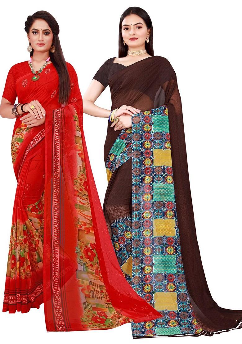 Brown Embroidered Georgette Saree Set (Set Of 2)