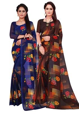 Brown Floral Georgette Saree Set (Set Of 2)