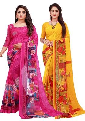 Magenta Floral Georgette Saree Set (Set Of 2)