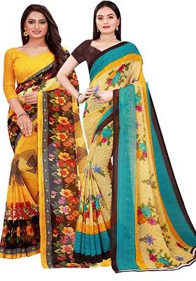 Beige Printed Georgette Saree Set (Set Of 2)
