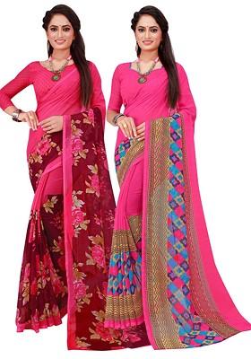 Magenta Embroidered Georgette Saree Set