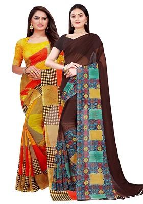 Brown Floral Georgette Saree Set (Set Of 2)