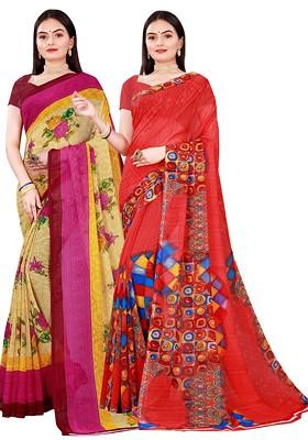 Red Floral Georgette Saree Set (Set Of 2)