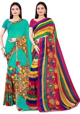 Green Embroidered Georgette Saree Set (Set Of 2)