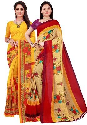 Yellow Embroidered Georgette Saree Set (Set Of 2)