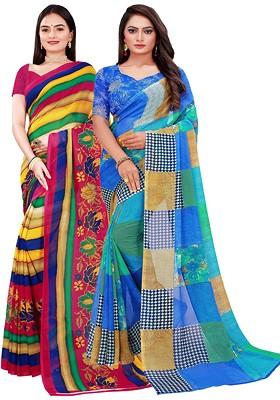 Red Printed Georgette Saree Set