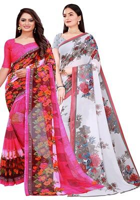 White Floral Georgette Saree Set (Set Of 2)