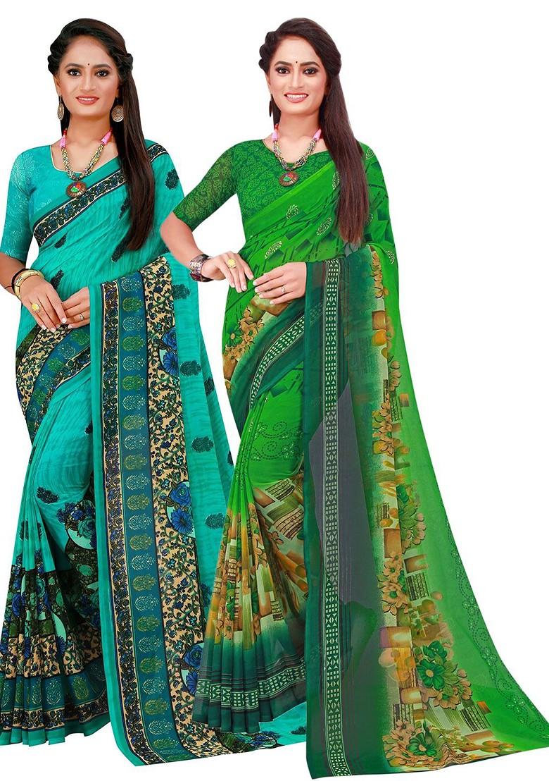 Green Floral Poly Blend Saree Set (Set Of 2)