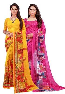 Yellow Embroidered Georgette Saree Set (Set Of 2)