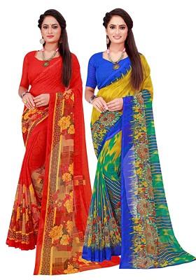 Red Printed Georgette Saree Set (Set Of 2)