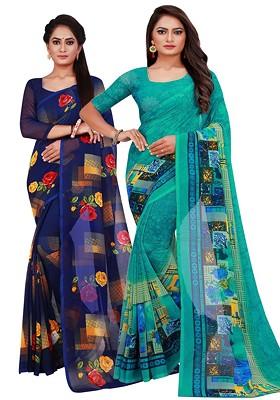 Turquoise Blue Embroidered Georgette Saree Set (Set Of 2)