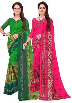 Green Printed Georgette Saree Set (Set Of 2)