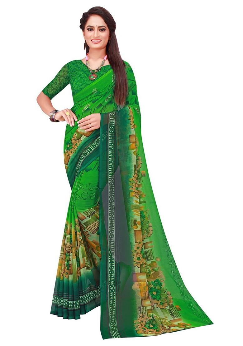 Green Printed Georgette Saree Set (Set Of 2)