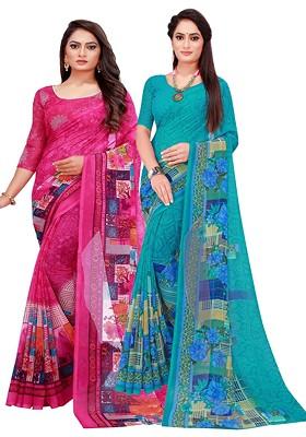 Magenta Floral Georgette Saree Set (Set Of 2)