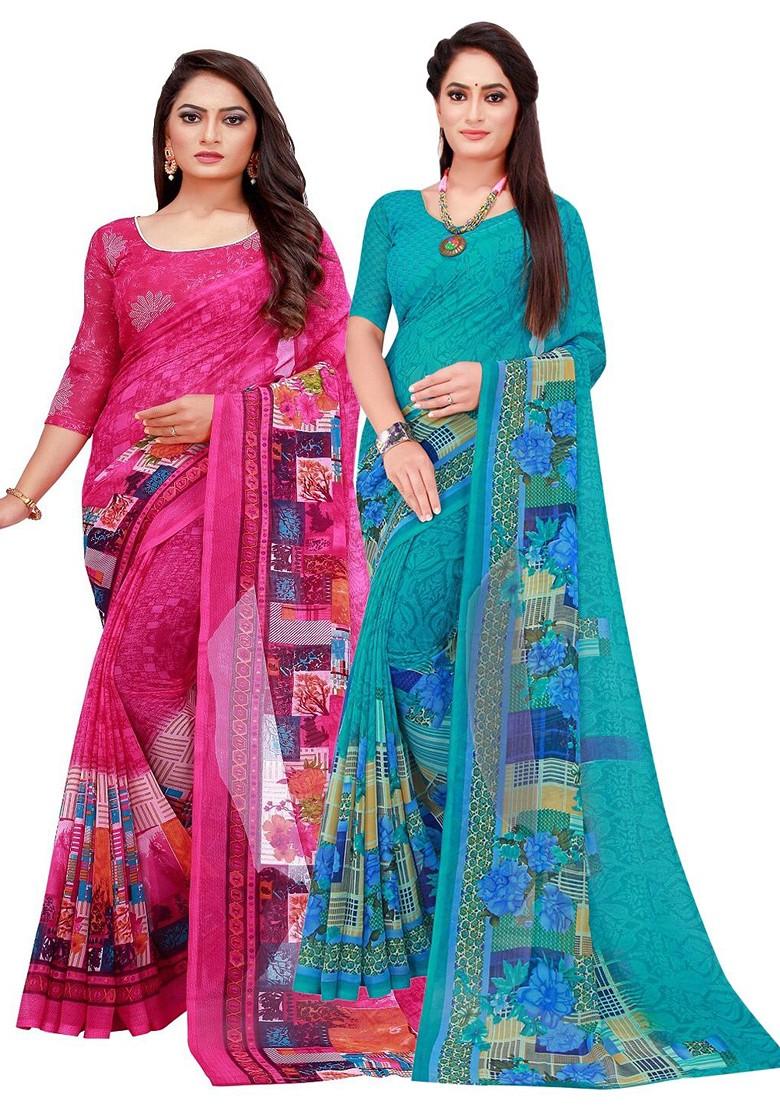 Magenta Floral Georgette Saree Set (Set Of 2)