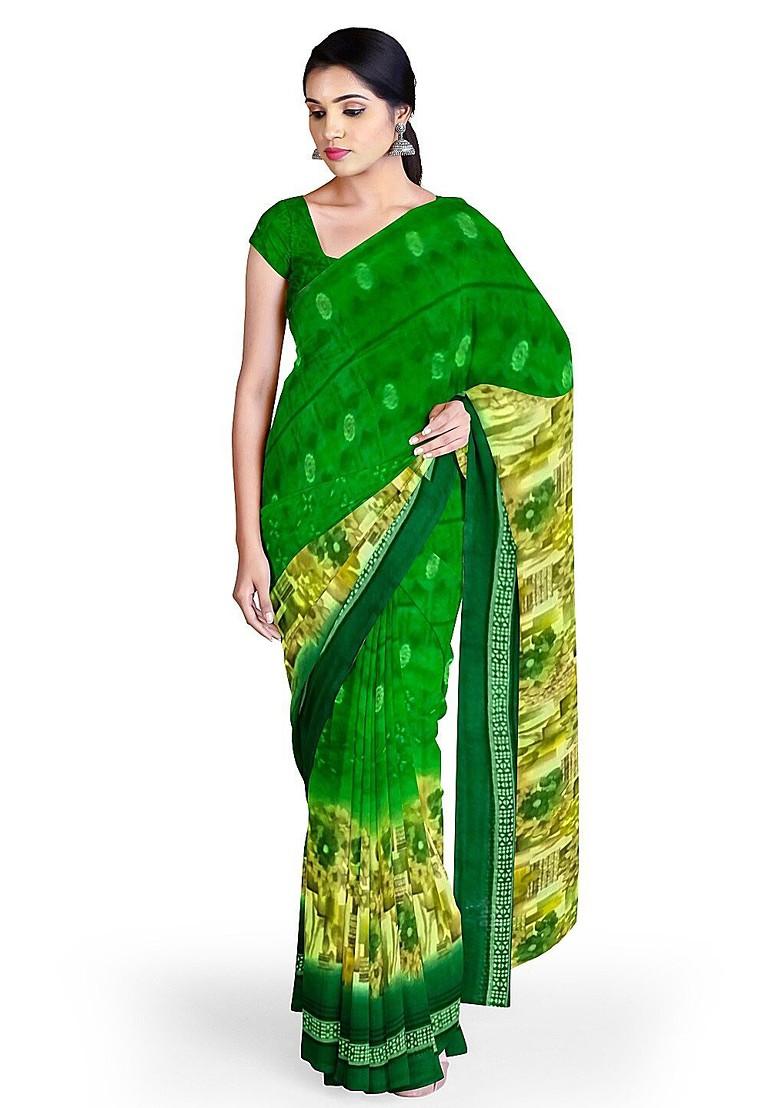 Green Floral Georgette Saree Set