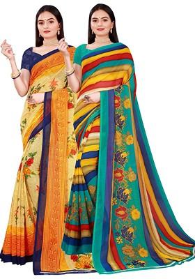 Beige Floral Georgette Saree Set