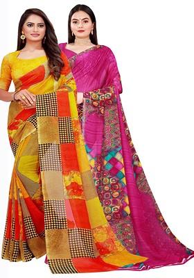 Magenta Embroidered Georgette Saree Set (Set Of 2)