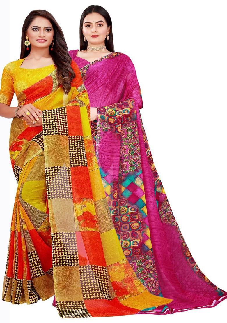 Magenta Embroidered Georgette Saree Set (Set Of 2)