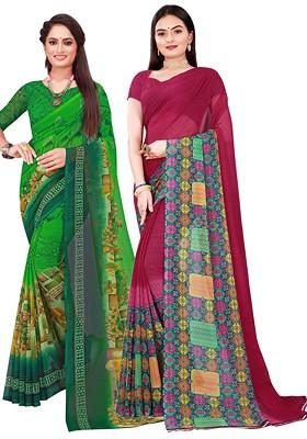 Green Printed Georgette Saree Set (Set Of 2)