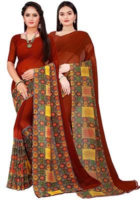 Brown Embroidered Georgette Saree Set (Set Of 2)