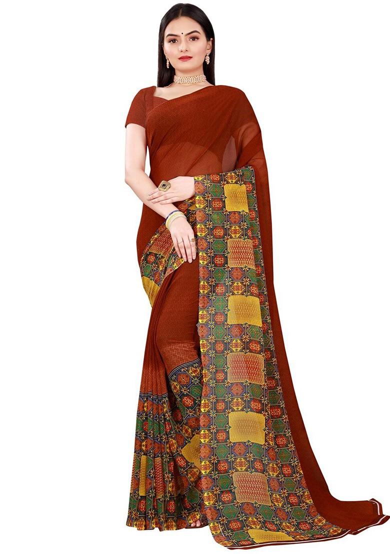 Brown Embroidered Georgette Saree Set (Set Of 2)