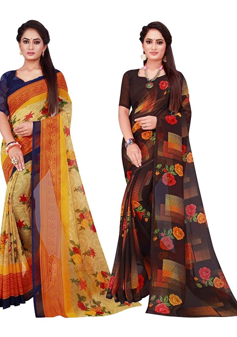 Beige Embroidered Georgette Saree Set