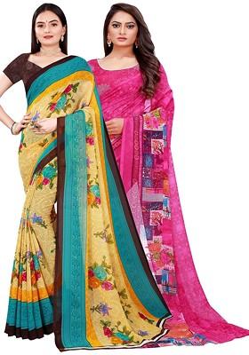 Beige Floral Georgette Saree Set (Set Of 2)