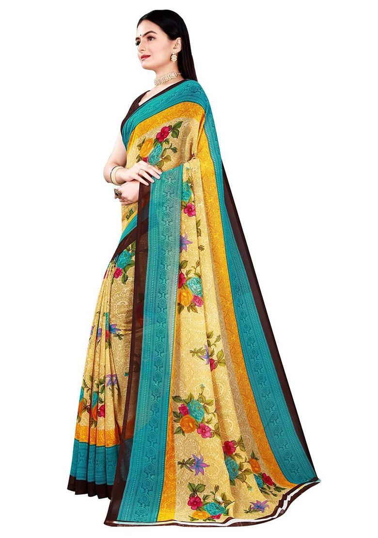 Beige Floral Georgette Saree Set