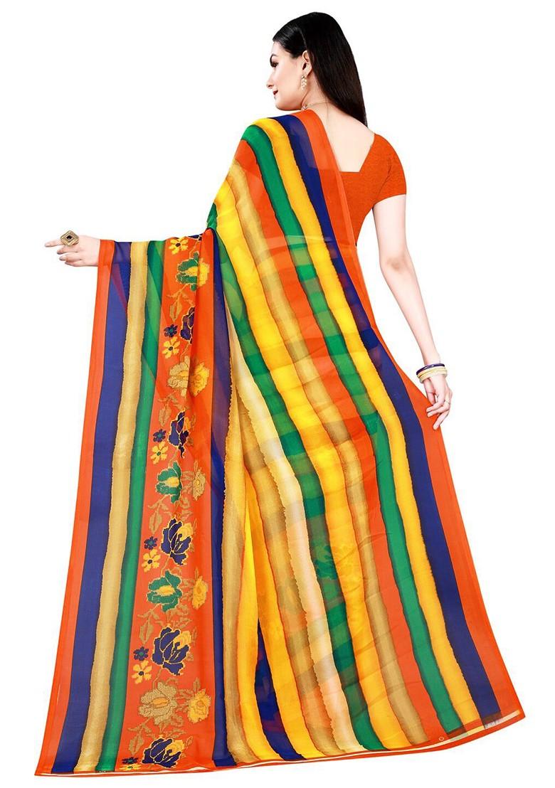 Yellow Striped Georgette Saree Set