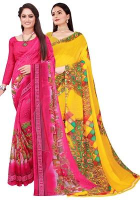 Pink Floral Georgette Saree Set (Set Of 2)