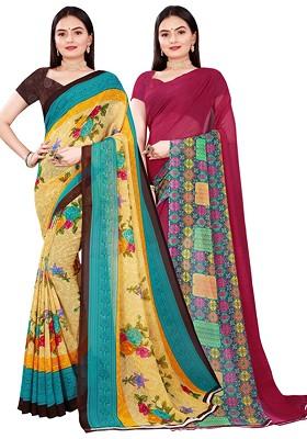 Beige Floral Georgette Saree Set (Set Of 2)