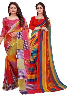 Red Embroidered Georgette Saree Set (Set Of 2)