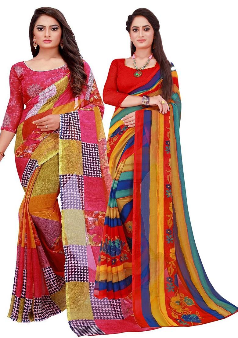 Red Embroidered Georgette Saree Set (Set Of 2)