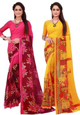 Yellow Embroidered Georgette Saree Set (Set Of 2)