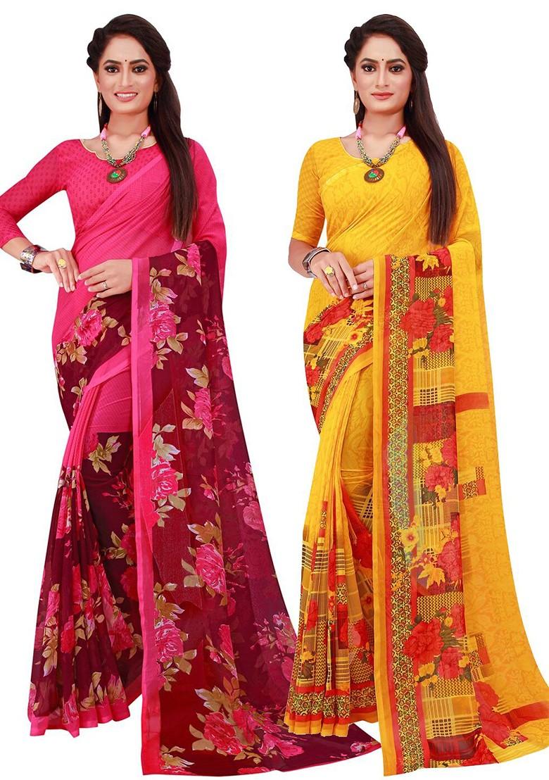 Yellow Embroidered Georgette Saree Set (Set Of 2)