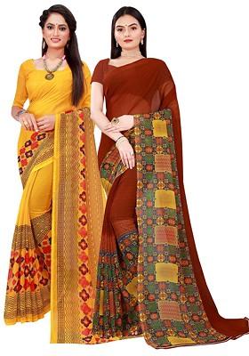 Yellow Printed Georgette Saree Set (Set Of 2)
