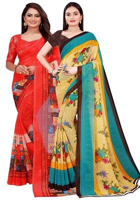 Beige Printed Georgette Saree Set (Set Of 2)