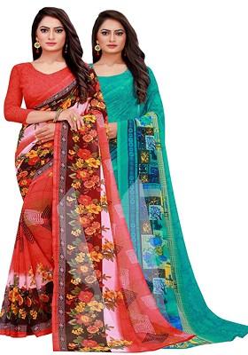 Teal Green Floral Georgette Saree Set (Set Of 2)