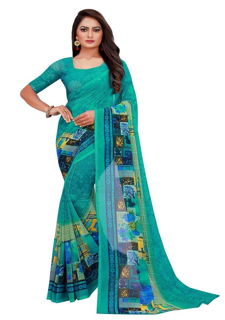 Teal Green Floral Georgette Saree Set (Set Of 2)