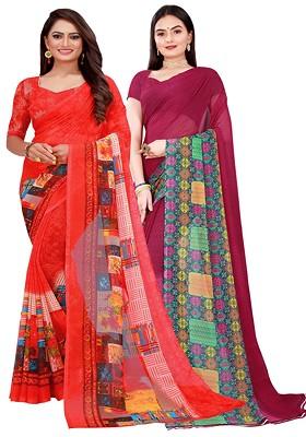 Maroon Floral Georgette Saree Set (Set Of 2)