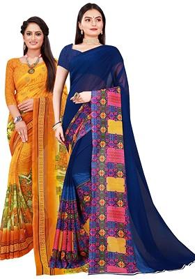 Navy Blue Embroidered Georgette Saree Set