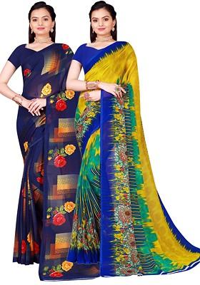 Lime Green Printed Georgette Saree Set (Set Of 2)