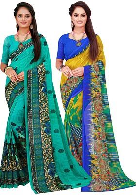 Turquoise Blue Embroidered Georgette Saree Set