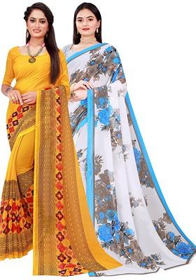 Yellow Floral Georgette Saree Set (Set Of 2)