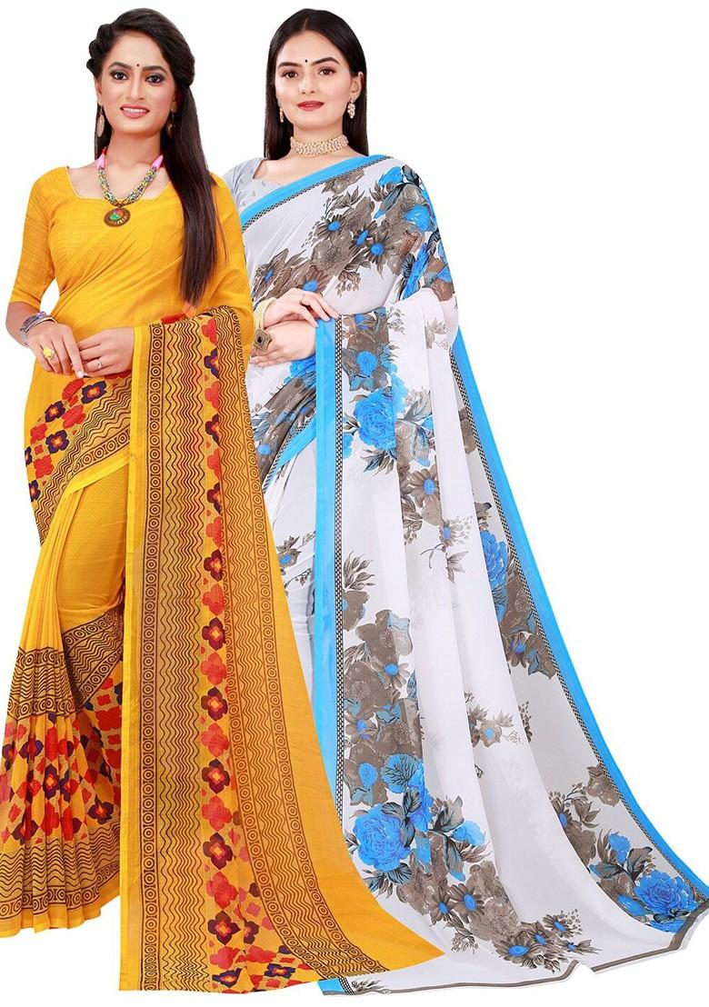 Yellow Floral Georgette Saree Set (Set Of 2)