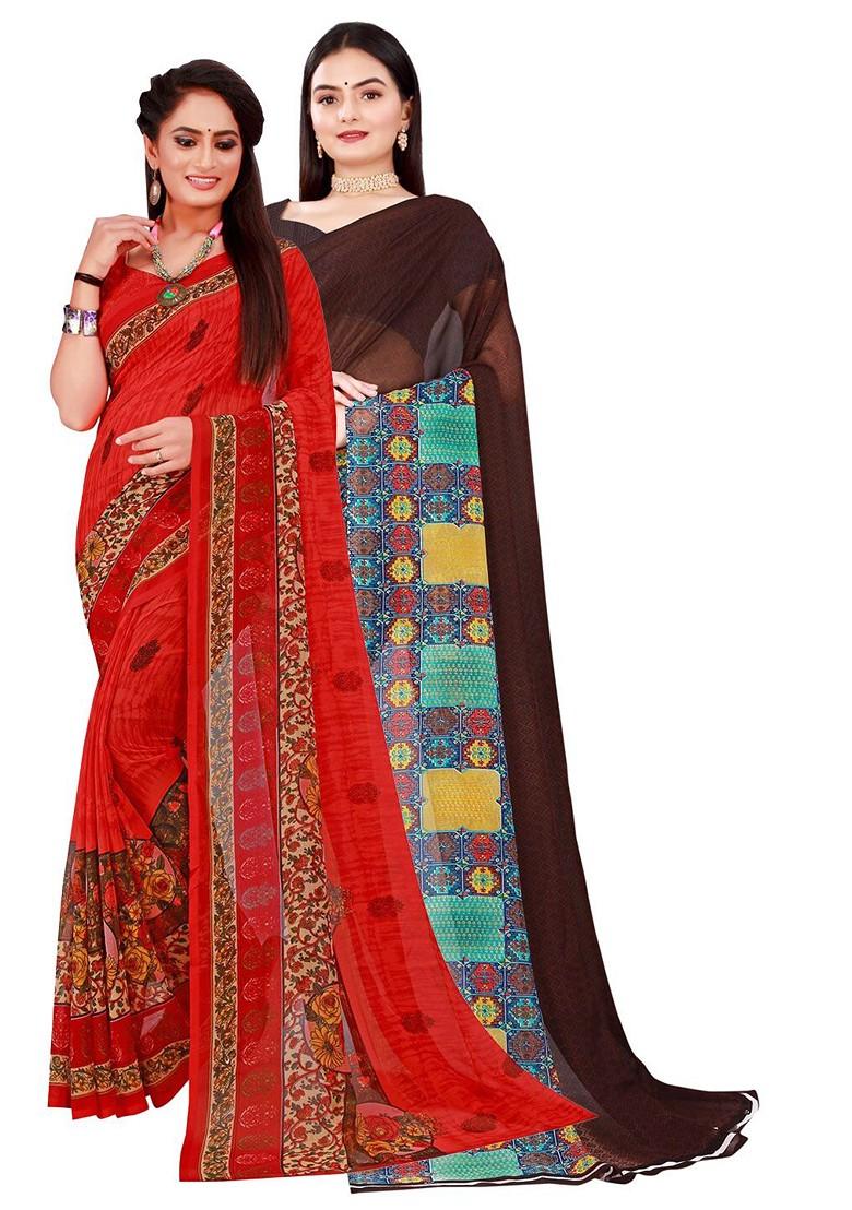 Brown Embroidered Georgette Saree Set